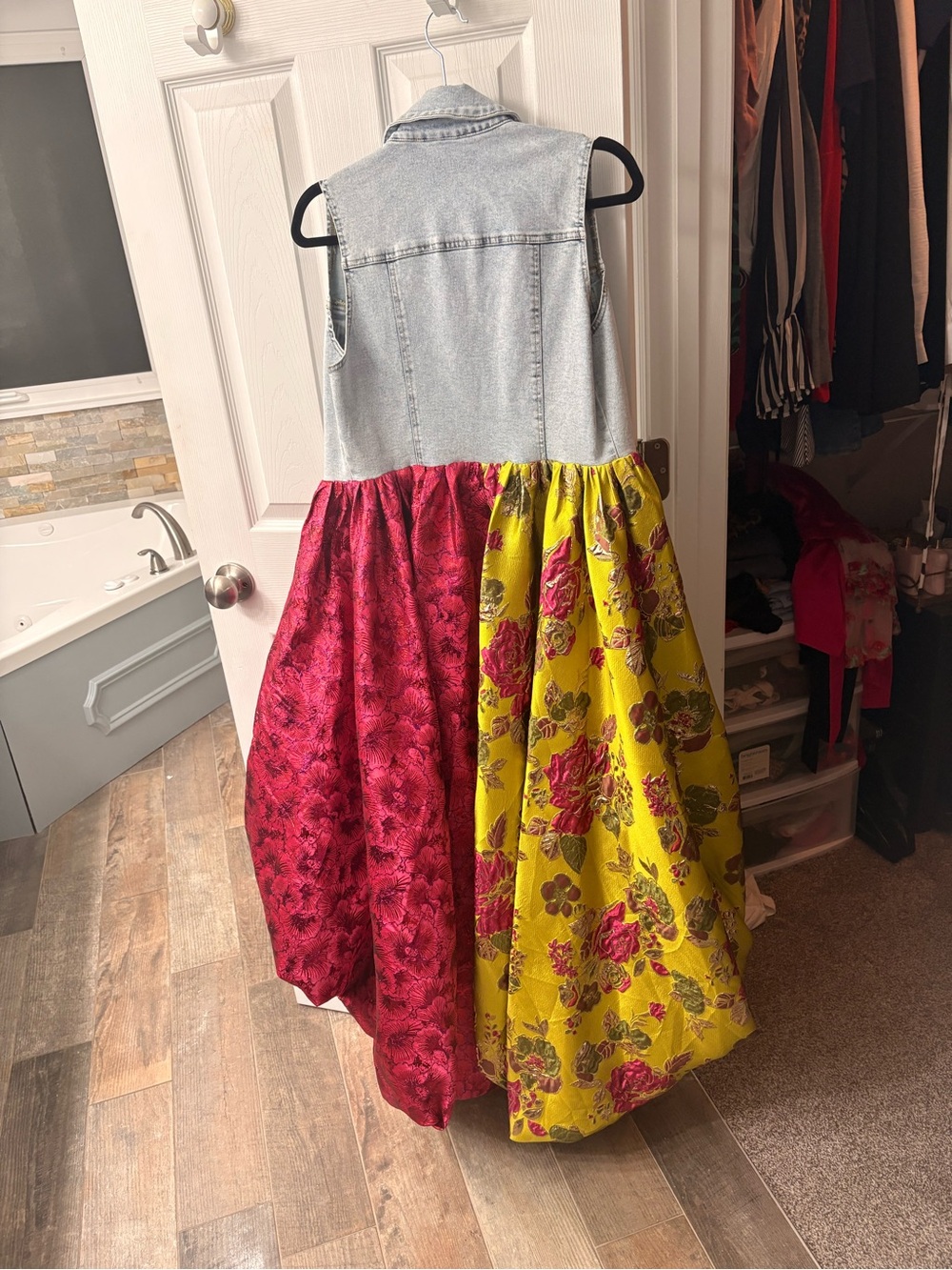 AKIRA Denim Vest Colorblock Maxi Skirt - Yellow, Pink, Fuchsia - Picture 2 of 3